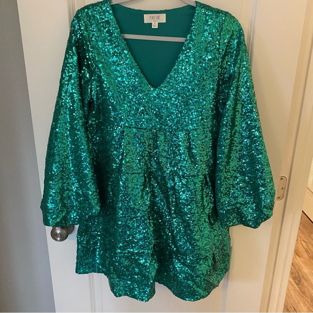 Peach Love California Green Sequin Tiered Midi Dress with Long Sleeves